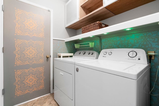 5205 Encinitas Ln, Austin, TX 78749 - washroom with separate washer and dryer, wallpapered walls, and light tile patterned floors