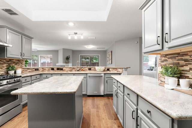 5205 Encinitas Ln, Austin, TX 78749 - kitchen featuring gray cabinets, a peninsula, a kitchen island, appliances with stainless steel finishes, and decorative backsplash