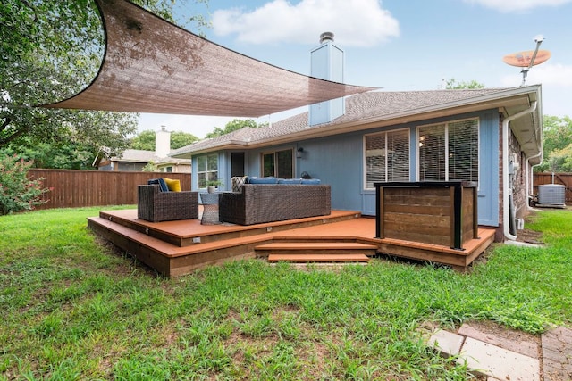 5205 Encinitas Ln, Austin, TX 78749 - back of property featuring a chimney, a wooden deck, outdoor lounge area, and roof with shingles