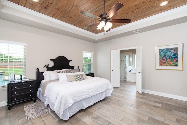 2050 Chalk Mill Xing, Salado, TX 76571 - bedroom with a raised ceiling, ornamental molding, wooden ceiling, light wood finished floors, and recessed lighting