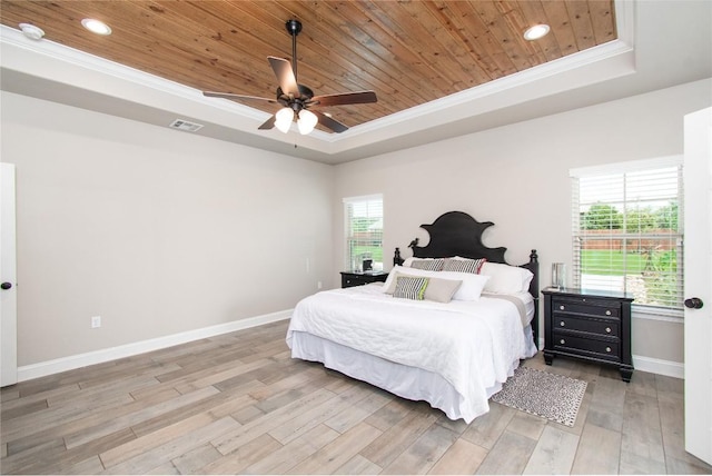 2050 Chalk Mill Xing, Salado, TX 76571 - bedroom with a raised ceiling, wooden ceiling, light wood-type flooring, ornamental molding, and recessed lighting