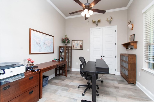 2050 Chalk Mill Xing, Salado, TX 76571 - office area featuring light wood-style floors, crown molding, and a ceiling fan