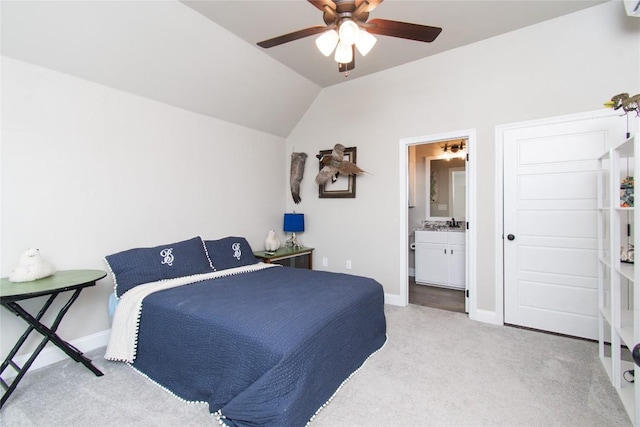 2050 Chalk Mill Xing, Salado, TX 76571 - carpeted bedroom with lofted ceiling, connected bathroom, and ceiling fan