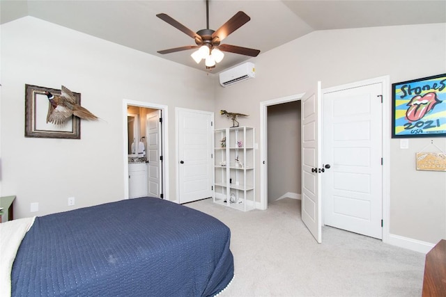 2050 Chalk Mill Xing, Salado, TX 76571 - bedroom with a wall unit AC, lofted ceiling, light colored carpet, ensuite bathroom, and ceiling fan