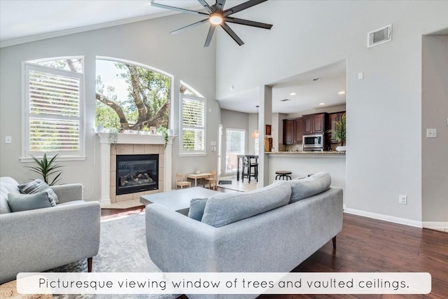 1604 Hughes Dr, Cedar Park, TX 78613 - living area with wood finished floors, ceiling fan, a tile fireplace, high vaulted ceiling, and crown molding