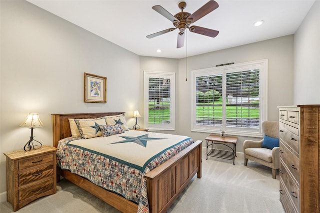 128 Squires Dr, Lakeway, TX 78734 - bedroom featuring light carpet, recessed lighting, and ceiling fan