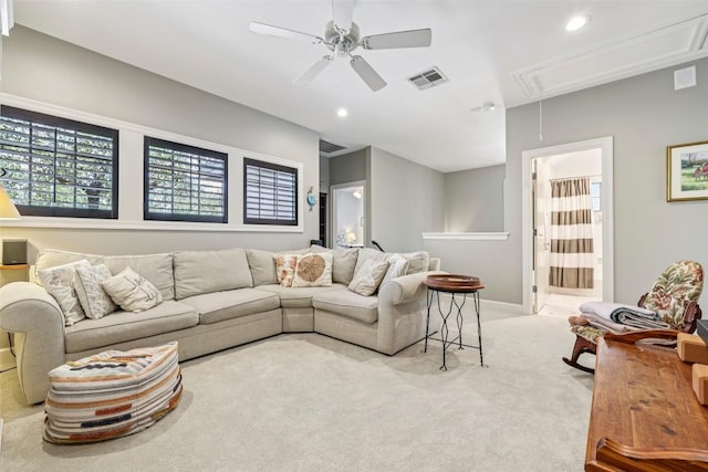 128 Squires Dr, Lakeway, TX 78734 - living area with attic access, light colored carpet, healthy amount of natural light, recessed lighting, and a ceiling fan