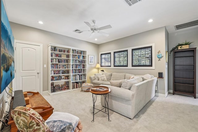 128 Squires Dr, Lakeway, TX 78734 - living room featuring ceiling fan, carpet flooring, and recessed lighting