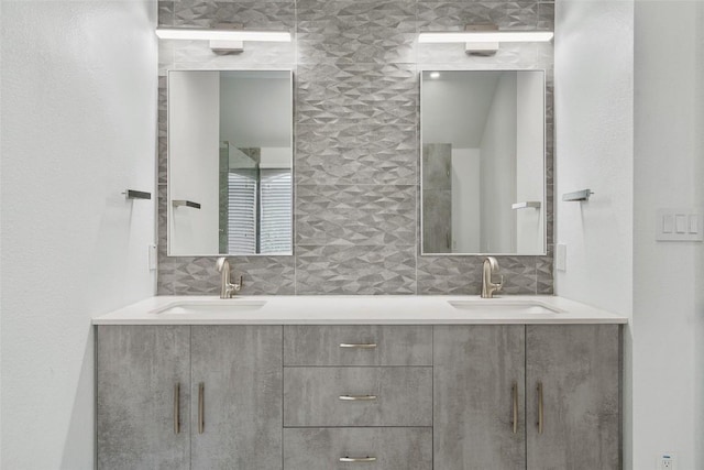 7601 Crackling Creek Dr, Austin, TX 78736 - full bath with double vanity, tile walls, and tasteful backsplash