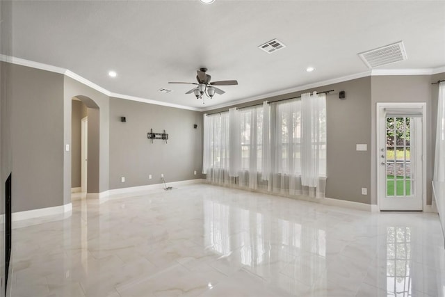 7601 Crackling Creek Dr, Austin, TX 78736 - unfurnished room with arched walkways, ornamental molding, a ceiling fan, and recessed lighting