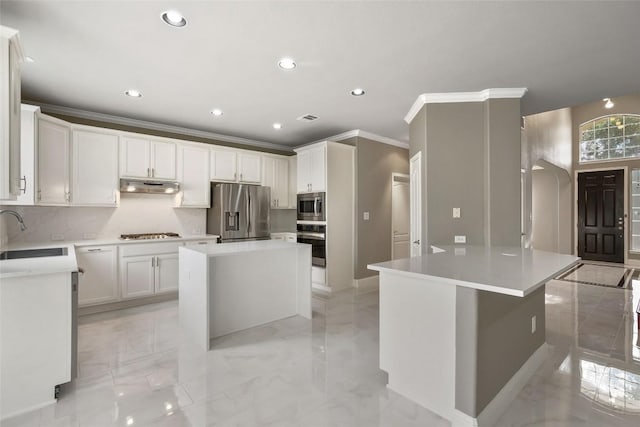 7601 Crackling Creek Dr, Austin, TX 78736 - kitchen featuring appliances with stainless steel finishes, under cabinet range hood, a kitchen island, light marble finish floors, and recessed lighting