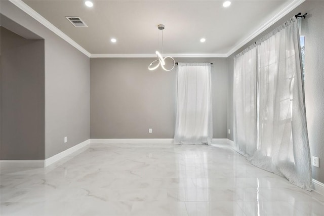 7601 Crackling Creek Dr, Austin, TX 78736 - spare room with crown molding, light marble finish flooring, recessed lighting, and a chandelier