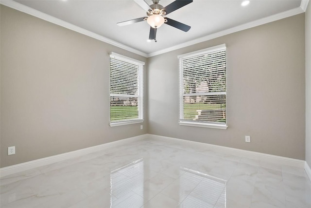7601 Crackling Creek Dr, Austin, TX 78736 - unfurnished room featuring ornamental molding, light marble finish flooring, a ceiling fan, and recessed lighting