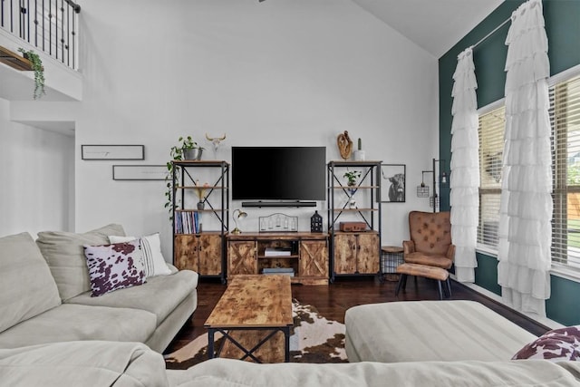 7104 Brick Slope Path, Austin, TX 78744 - living room featuring wood finished floors and high vaulted ceiling