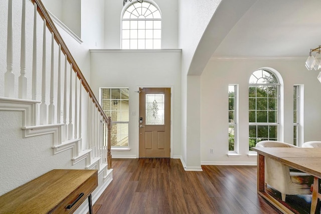 3612 Short Horn Ln, Round Rock, TX 78665 - foyer with dark wood-style floors, stairs, ornamental molding, and a chandelier