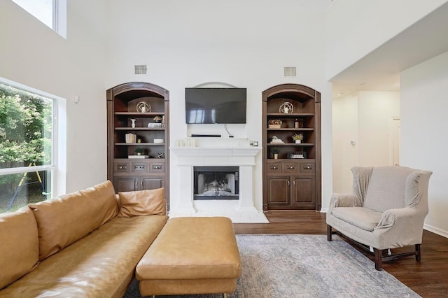 3612 Short Horn Ln, Round Rock, TX 78665 - living room featuring built in features, a fireplace with raised hearth, a high ceiling, and plenty of natural light
