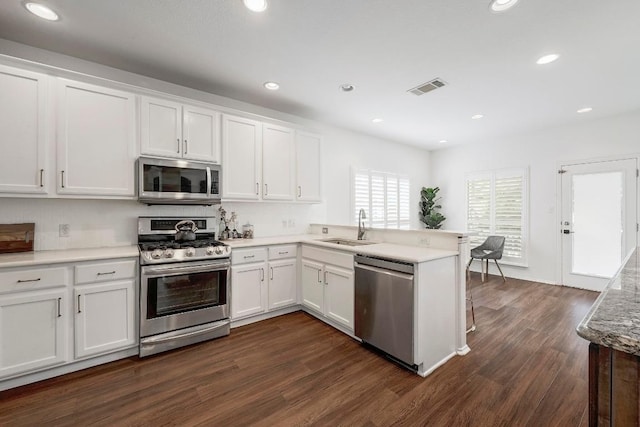 3612 Short Horn Ln, Round Rock, TX 78665 - kitchen with stainless steel appliances, a peninsula, white cabinets, dark wood-style flooring, and recessed lighting