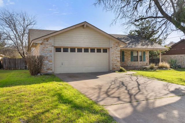 3419 Bluebonnet Trl, Georgetown, TX 78628 - ranch-style home with an attached garage, driveway, stone siding, and roof with shingles