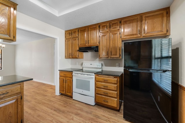 3419 Bluebonnet Trl, Georgetown, TX 78628 - kitchen with freestanding refrigerator, white electric range oven, dark countertops, under cabinet range hood, and brown cabinetry