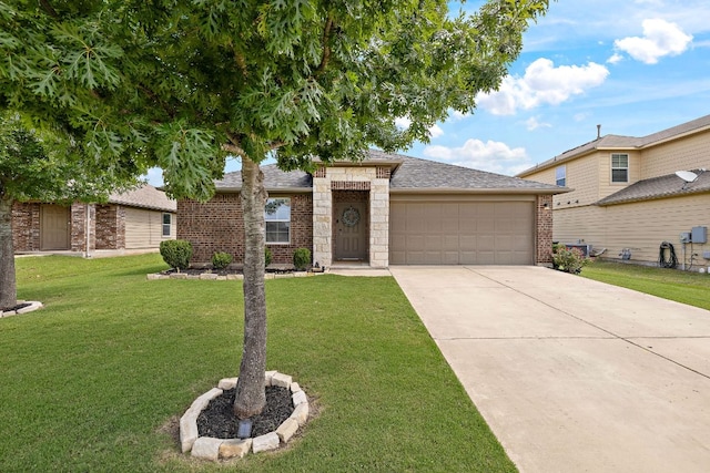 413 Luna Vista Dr, Hutto, TX 78634 - view of front facade with brick siding, a garage, a front yard, and concrete driveway