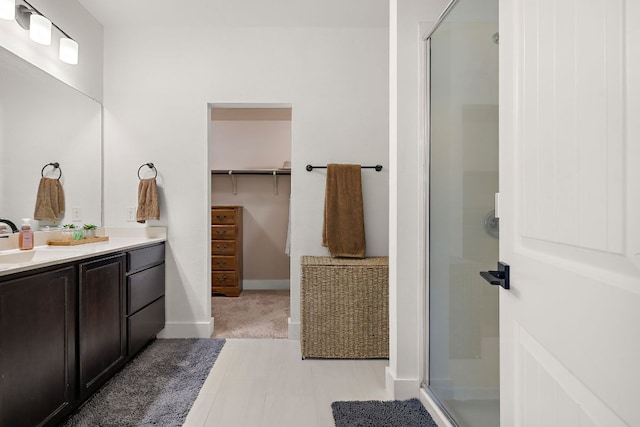 413 Luna Vista Dr, Hutto, TX 78634 - full bathroom with vanity, a stall shower, and a walk in closet