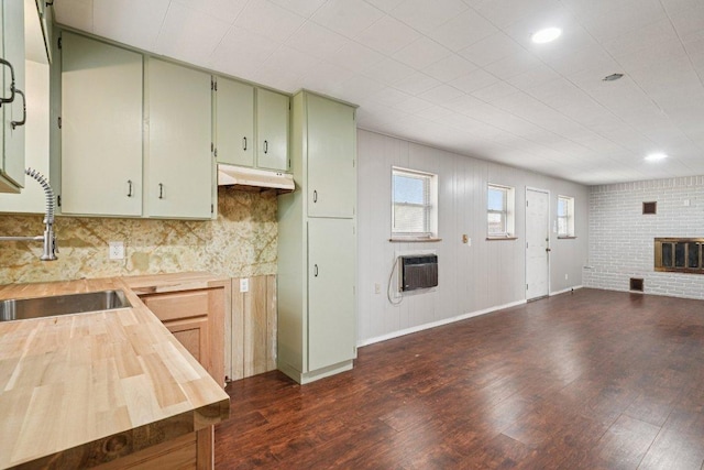 1620 Cavett St, Gonzales, TX 78629 - kitchen featuring green cabinets, butcher block counters, dark wood-style floors, under cabinet range hood, and a brick fireplace