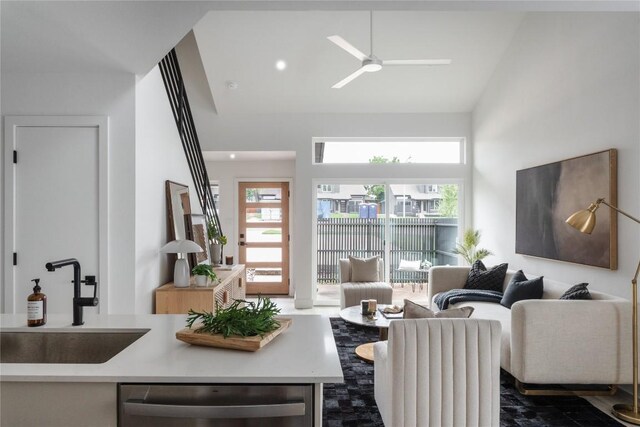 1908 Albury Cv Unit B, Austin, TX 78758 - living area featuring high vaulted ceiling, ceiling fan, and healthy amount of natural light