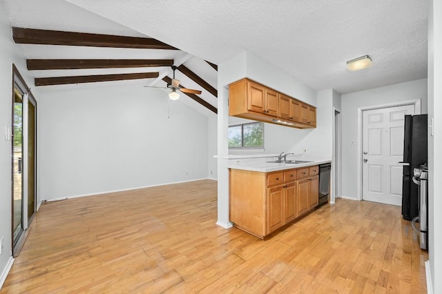 4800 Lansing Dr, Austin, TX 78745 - kitchen featuring dishwasher, light wood-type flooring, light countertops, beamed ceiling, and a ceiling fan