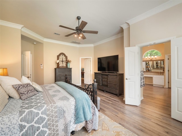 401 Kimra Cv, Georgetown, TX 78628 - bedroom with ornamental molding, light wood-style flooring, and ceiling fan