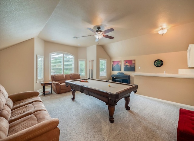 401 Kimra Cv, Georgetown, TX 78628 - playroom with lofted ceiling, a ceiling fan, pool table, and carpet