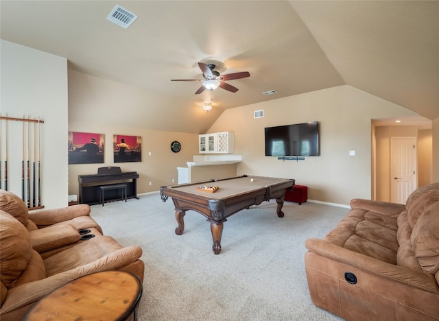 401 Kimra Cv, Georgetown, TX 78628 - recreation room featuring lofted ceiling, ceiling fan, billiards table, and carpet flooring