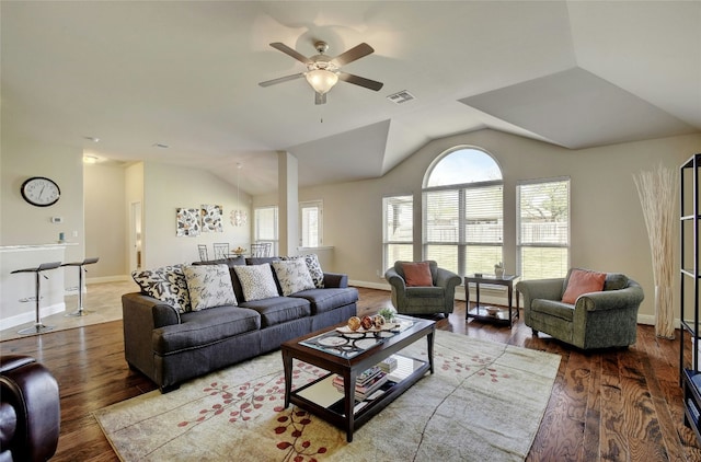 578 Ledge Stone Dr, Austin, TX 78737 - living area with ceiling fan, vaulted ceiling, and wood finished floors
