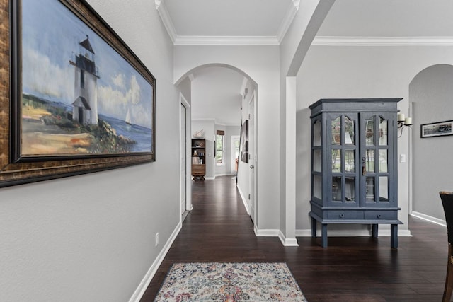4112 Seldalia Trl, Austin, TX 78732 - hall featuring arched walkways, wood finished floors, and crown molding