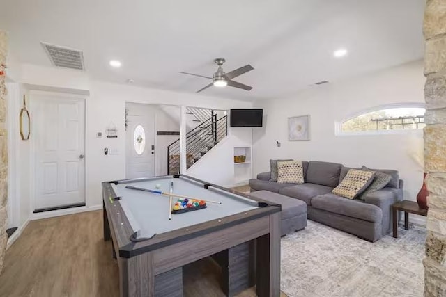 17708 Cherry Ln, Lago Vista, TX 78645 - recreation room featuring ceiling fan, billiards table, wood finished floors, and recessed lighting