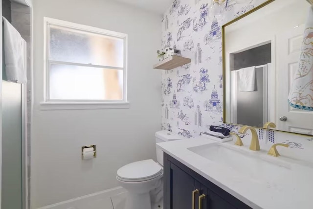 17708 Cherry Ln, Lago Vista, TX 78645 - bathroom with vanity, wallpapered walls, a shower, and tile patterned flooring