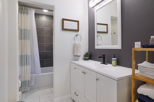 17708 Cherry Ln, Lago Vista, TX 78645 - full bath with vanity, shower / tub combo with curtain, and marble look tile flooring
