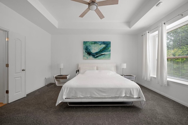 15800 Tetons Ct, Bee Cave, TX 78738 - bedroom featuring a raised ceiling, dark colored carpet, and ceiling fan