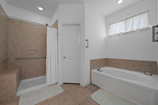 15800 Tetons Ct, Bee Cave, TX 78738 - full bath with tile patterned flooring, tiled shower, a garden tub, and recessed lighting