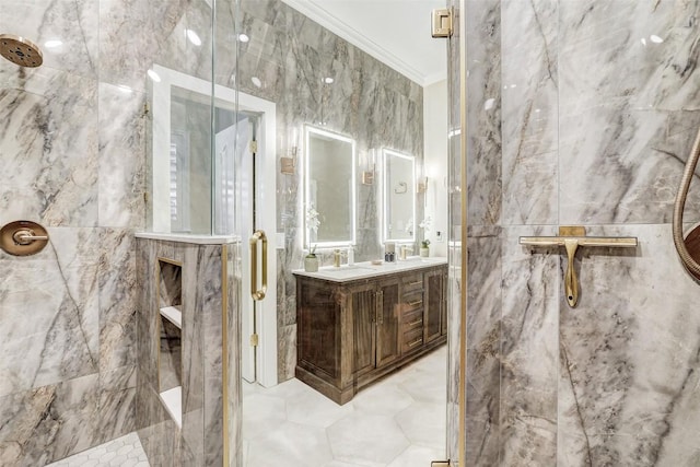 30613 Chi Chi Dr, Georgetown, TX 78628 - bathroom with a marble finish shower, ornamental molding, and double vanity