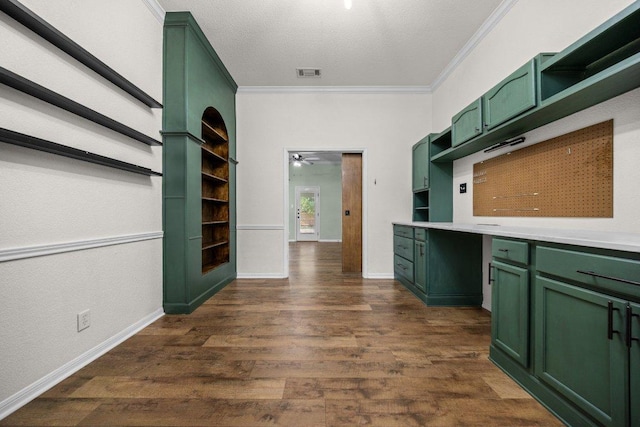 1409 Castle Ridge Dr, Harker Heights, TX 76548 - kitchen with green cabinets, open shelves, crown molding, a ceiling fan, and dark wood finished floors