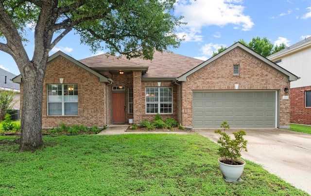 16907 Cranston Dr, Round Rock, TX 78664 - ranch-style house with concrete driveway, a garage, brick siding, and a front lawn