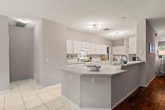 16907 Cranston Dr, Round Rock, TX 78664 - kitchen featuring white gas stove, under cabinet range hood, white cabinets, light countertops, and a textured ceiling