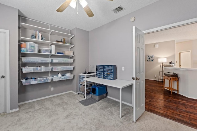16907 Cranston Dr, Round Rock, TX 78664 - home office featuring ceiling fan, carpet flooring, a textured ceiling, and wood finished floors