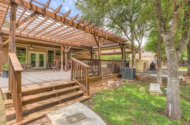 195 Heritage Oaks Dr, Cedar Creek, TX 78612 - wooden deck featuring french doors, a pergola, and a ceiling fan