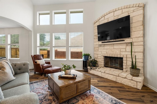 4539 Miraval Loop, Round Rock, TX 78665 - living area featuring wood finished floors, a fireplace, arched walkways, and a high ceiling
