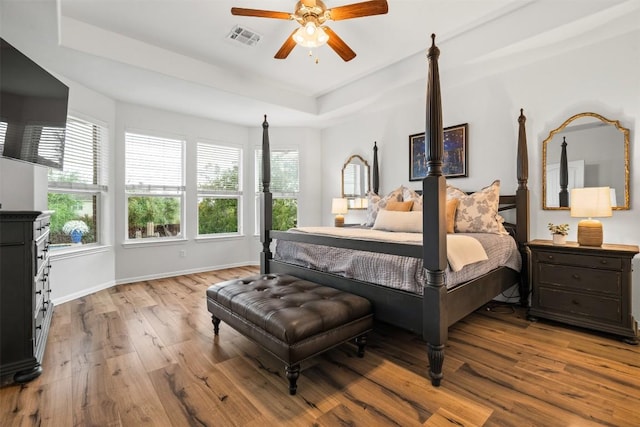 4539 Miraval Loop, Round Rock, TX 78665 - bedroom featuring a raised ceiling, wood finished floors, and ceiling fan