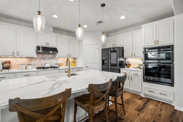 4539 Miraval Loop, Round Rock, TX 78665 - kitchen featuring appliances with stainless steel finishes, under cabinet range hood, tasteful backsplash, white cabinets, and recessed lighting