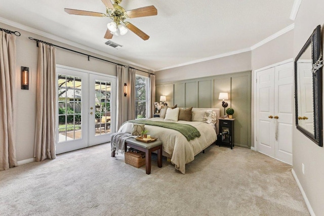 1224 Fall Creek Loop, Cedar Park, TX 78613 - bedroom with french doors, access to outside, ornamental molding, light carpet, and multiple windows