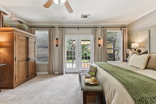 1224 Fall Creek Loop, Cedar Park, TX 78613 - bedroom featuring access to outside, french doors, light carpet, ornamental molding, and ceiling fan