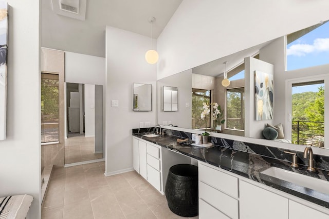 701 Terrace Mountain Dr, West Lake Hills, TX 78746 - bathroom featuring double vanity and high vaulted ceiling
